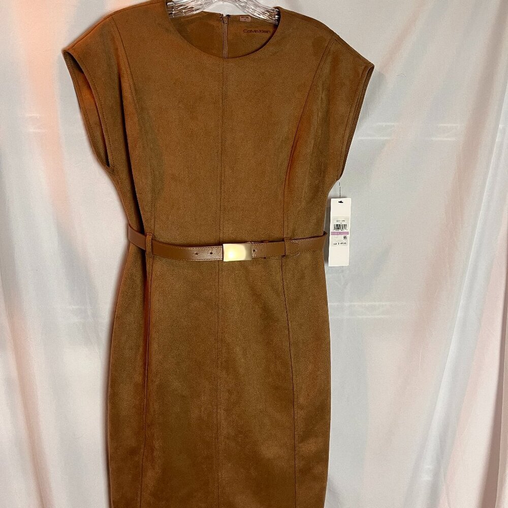 Women's Tan Calvin Klein Suede cloth sleeveless belted dress Size 6, NWT